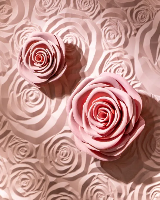 デコラティブな薔薇のレリーフ：繊細な陰影と立体感を持つ花弁の重なりがつくる壁面装飾パターン