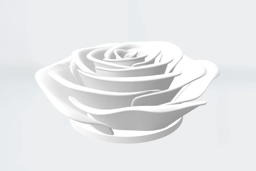パーツの3Dレンダリング。バラの花をモチーフとした白色の立体的な渦巻構造による有機的デザイン表現