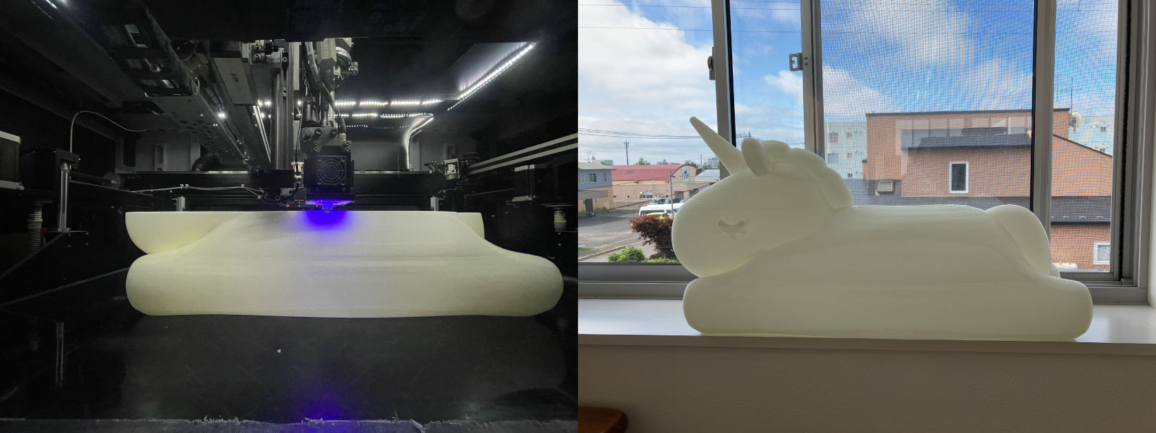 3Dオブジェクトのユニコーン出力中と造形された状態