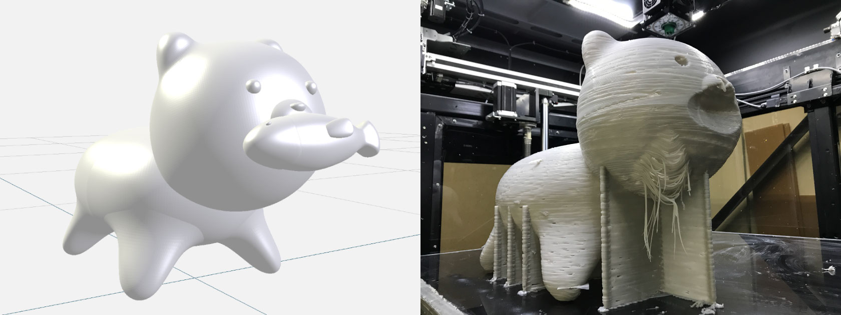 3Dオブジェクトのクマ、データと出力された造形